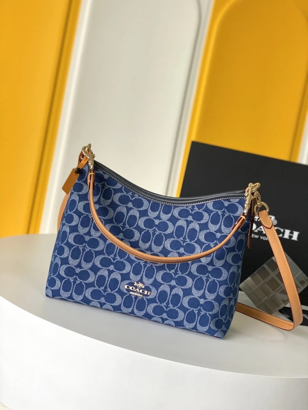 Coach Blue Signature Canvas Crossbody with Tan Leather Trim